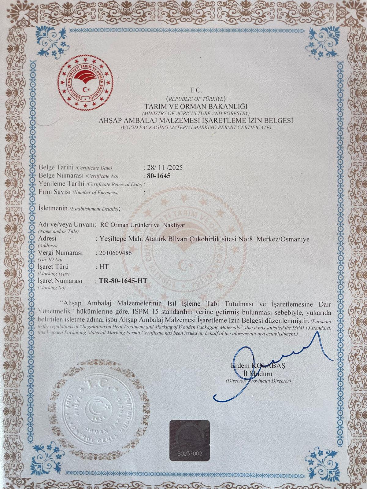 Ahşap Ambalaj Malzemesi İşaretleme İzin Belgesi